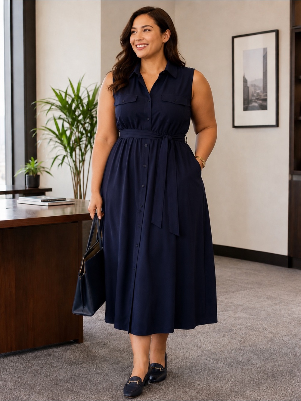 Talbots Petite XL Navy Sleeveless Shirt Dress Belted Midi Stretch Office Chic